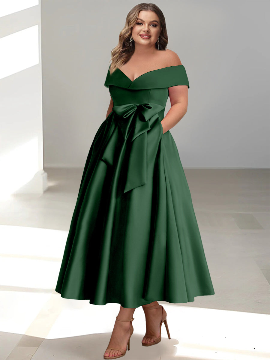 Plus Size Off the Shoulder Sleeveless A Line Mother of the Bride Ankle Length Dress with Pockets