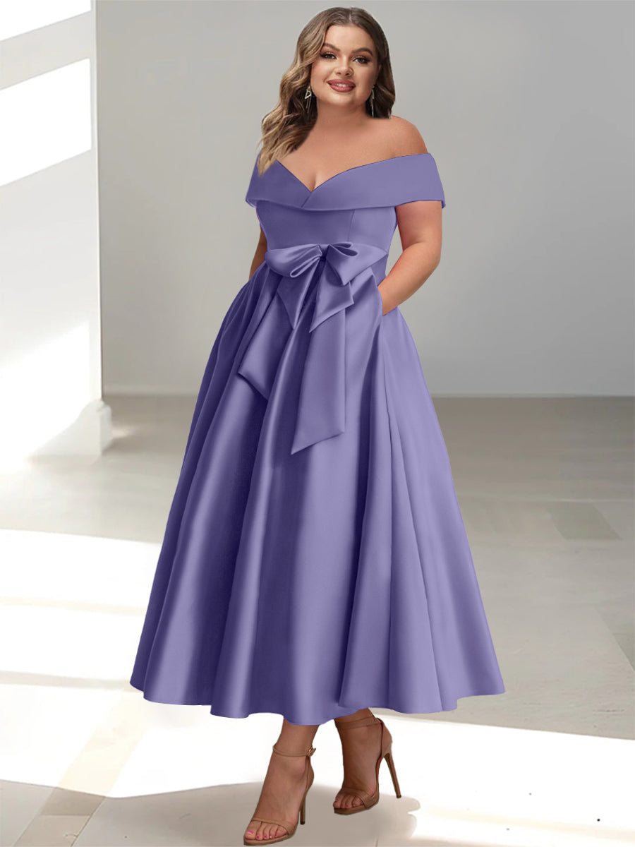 Plus Size Off the Shoulder Sleeveless A Line Mother of the Bride Ankle Length Dress with Pockets