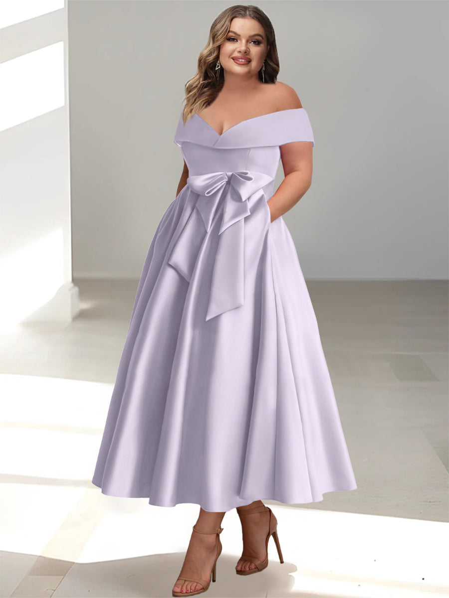 Plus Size Off the Shoulder Sleeveless A Line Mother of the Bride Ankle Length Dress with Pockets