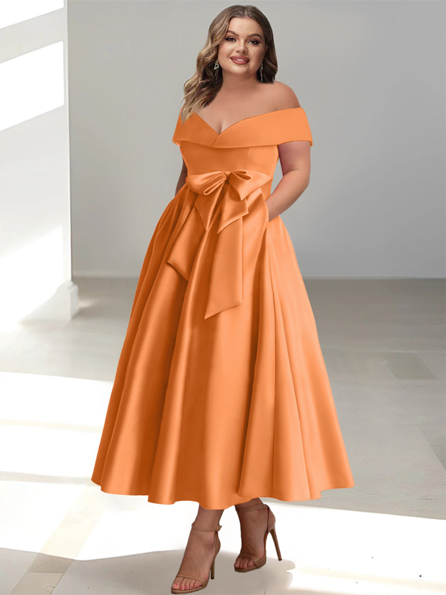 Plus Size Off the Shoulder Sleeveless A Line Mother of the Bride Ankle Length Dress with Pockets
