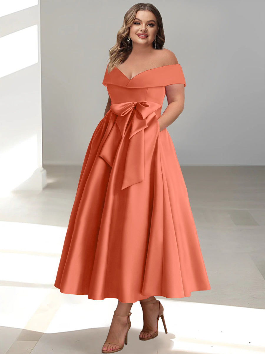 Plus Size Off the Shoulder Sleeveless A Line Mother of the Bride Ankle Length Dress with Pockets
