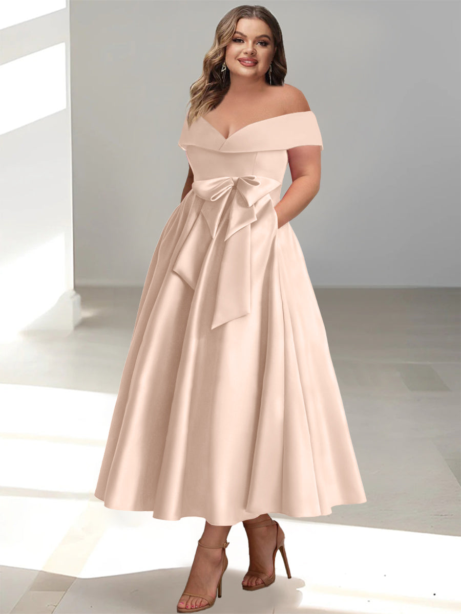 Plus Size Off the Shoulder Sleeveless A Line Mother of the Bride Ankle Length Dress with Pockets