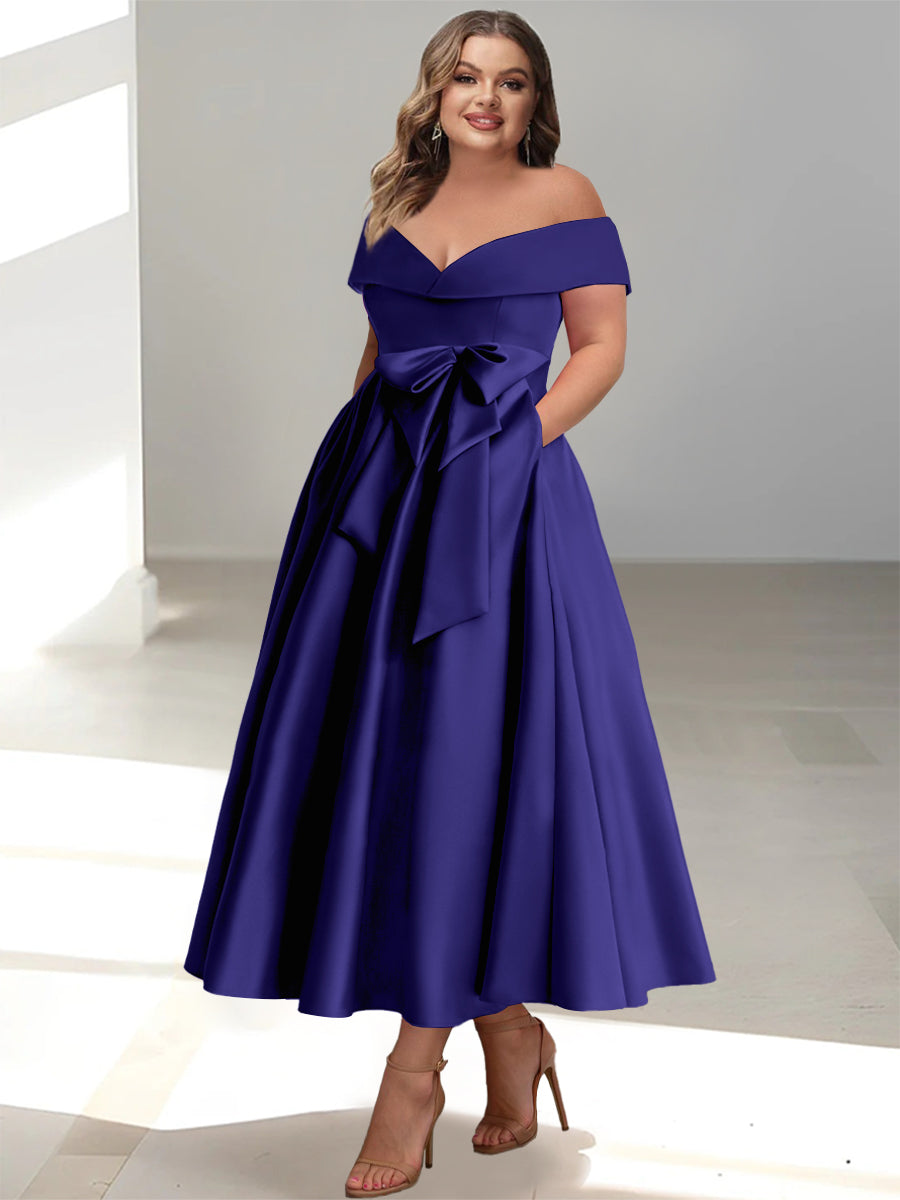 Plus Size Off the Shoulder Sleeveless A Line Mother of the Bride Ankle Length Dress with Pockets