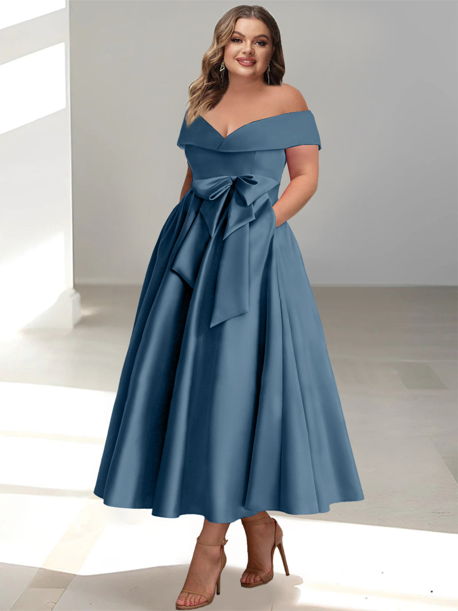 Plus Size Off the Shoulder Sleeveless A Line Mother of the Bride Ankle Length Dress with Pockets
