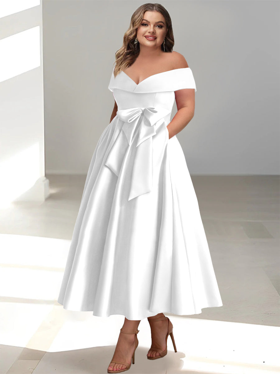 Plus Size Off the Shoulder Sleeveless A Line Mother of the Bride Ankle Length Dress with Pockets