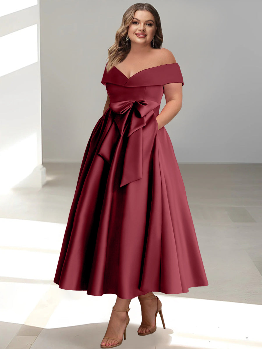 Plus Size Off the Shoulder Sleeveless A Line Mother of the Bride Ankle Length Dress with Pockets