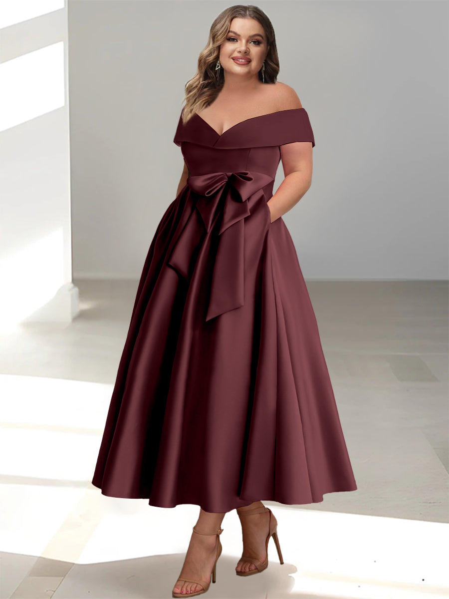 Plus Size Off the Shoulder Sleeveless A Line Mother of the Bride Ankle Length Dress with Pockets