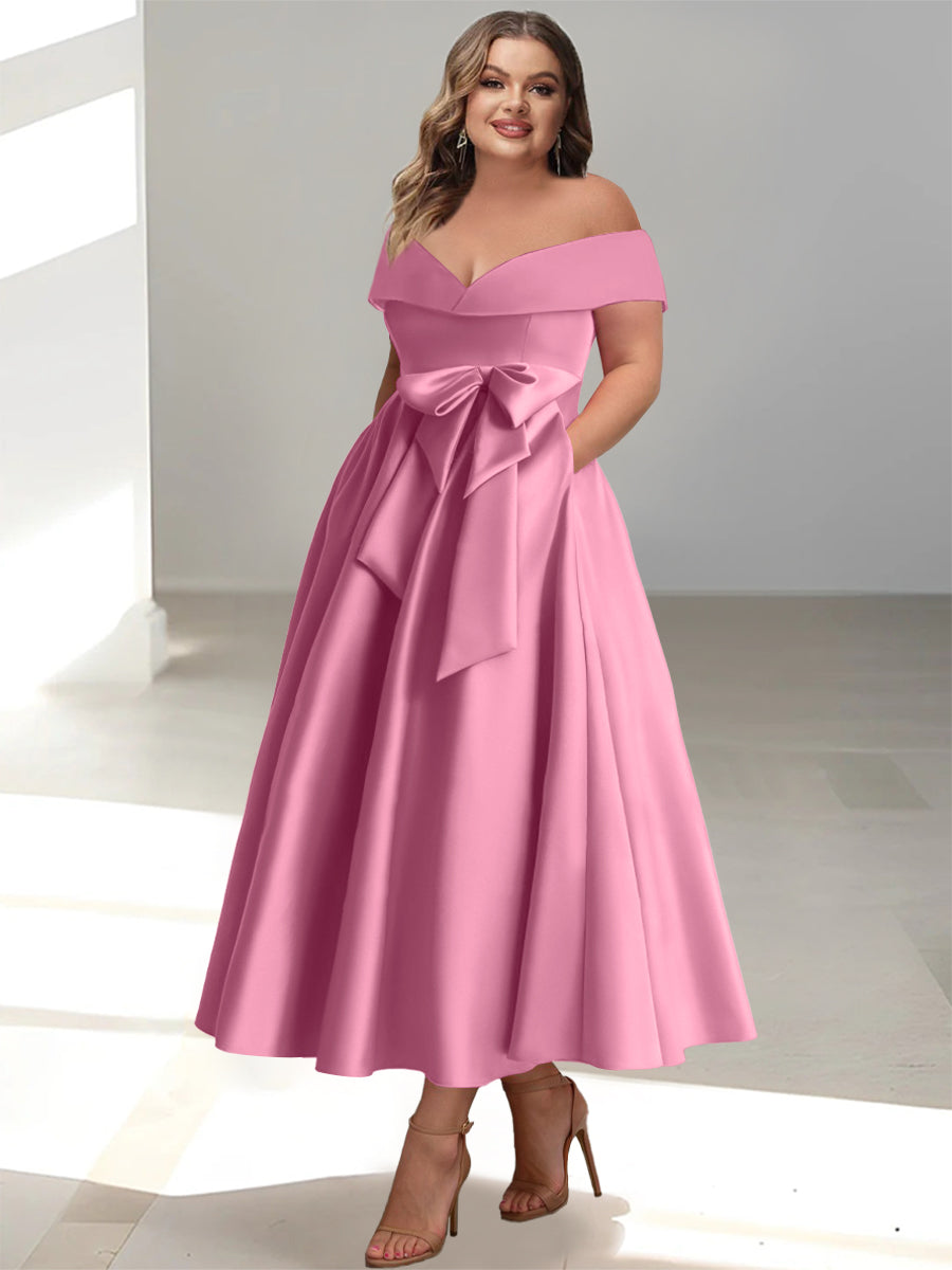 Plus Size Off the Shoulder Sleeveless A Line Mother of the Bride Ankle Length Dress with Pockets