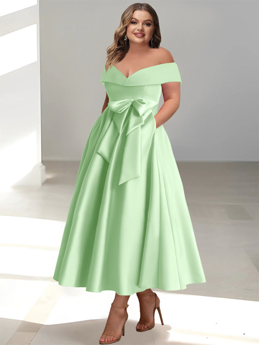 Plus Size Off the Shoulder Sleeveless A Line Mother of the Bride Ankle Length Dress with Pockets