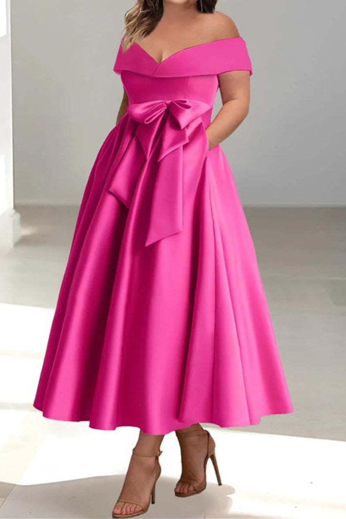 Plus Size Off the Shoulder Sleeveless A Line Mother of the Bride Ankle Length Dress with Pockets