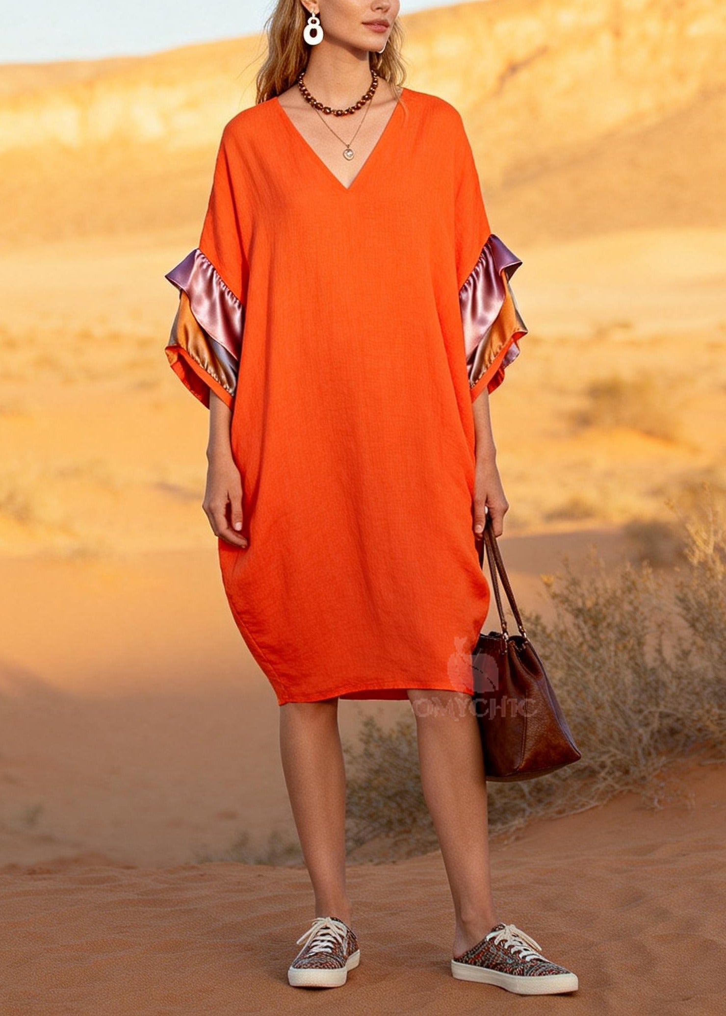 Plus Size Orange V Neck Patchwork Cotton Mid Dress Butterfly Sleeve