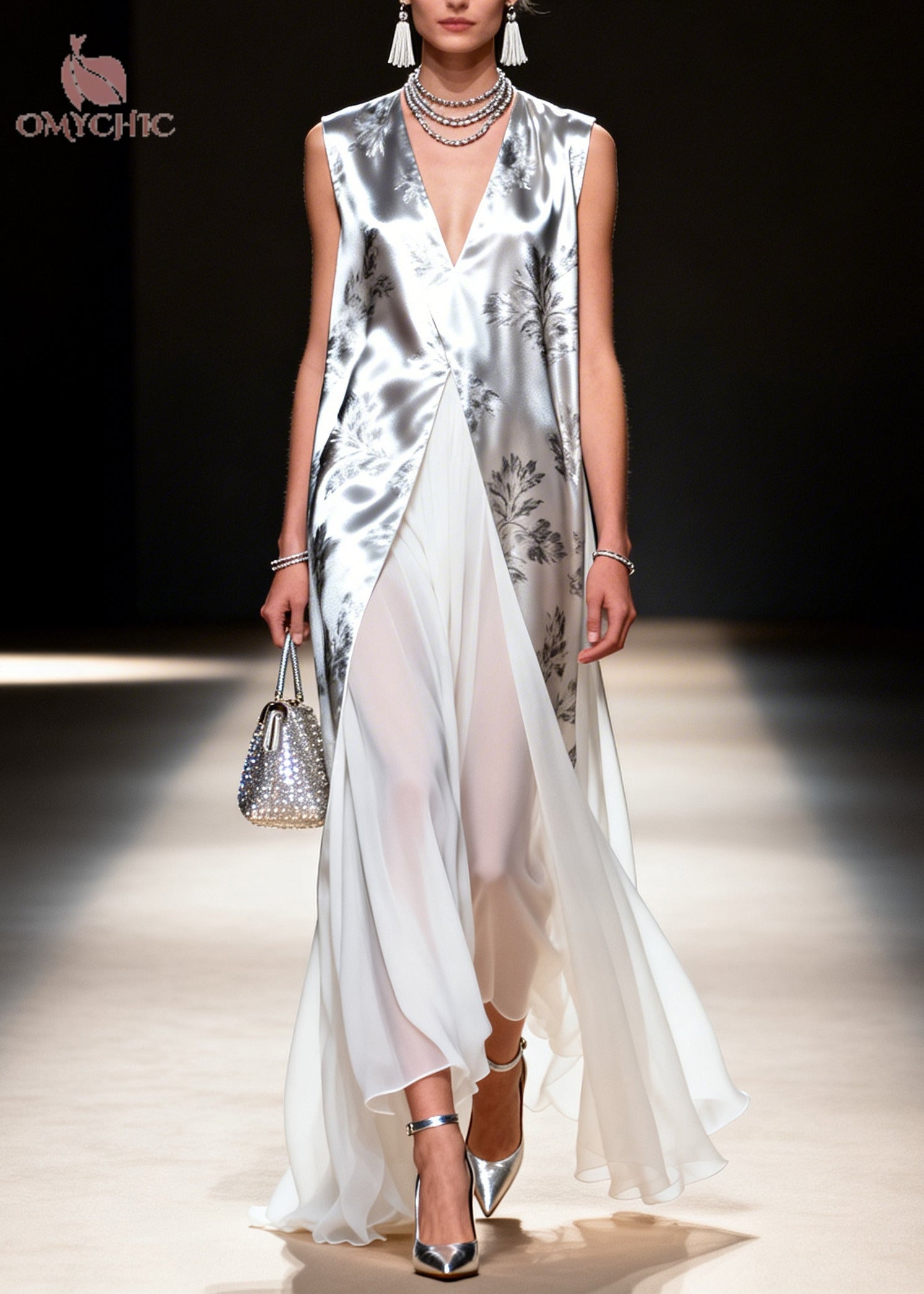 Plus Size Silvery Print Patchwork Chiffon Fake Two Piece Dress Sleeveless