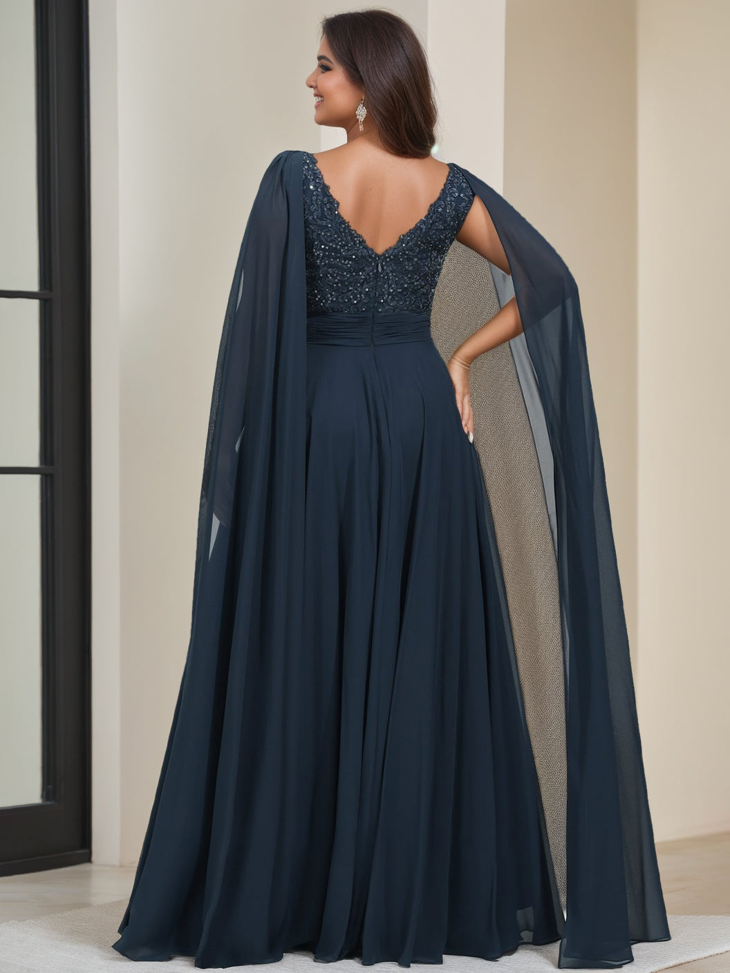 Plus Size Sleeveless V Neck A Line Mother of the Bride Dress with Long Sequins & Watteau Train
