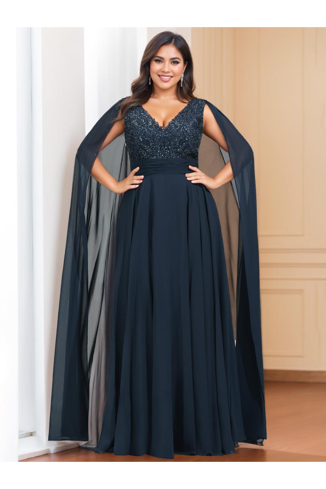 Plus Size Sleeveless V Neck A Line Mother of the Bride Dress with Long Sequins & Watteau Train