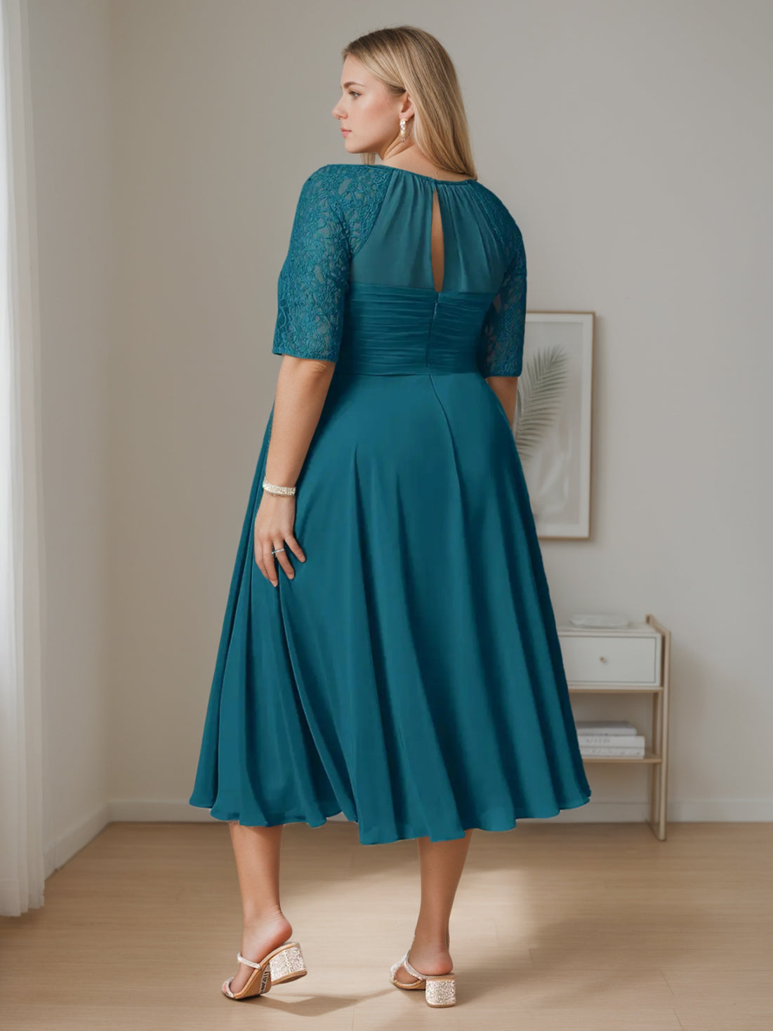 Plus Size Tea Length Mother of the Bride A Line Dress with Ruffles Round Neck and Half Sleeves