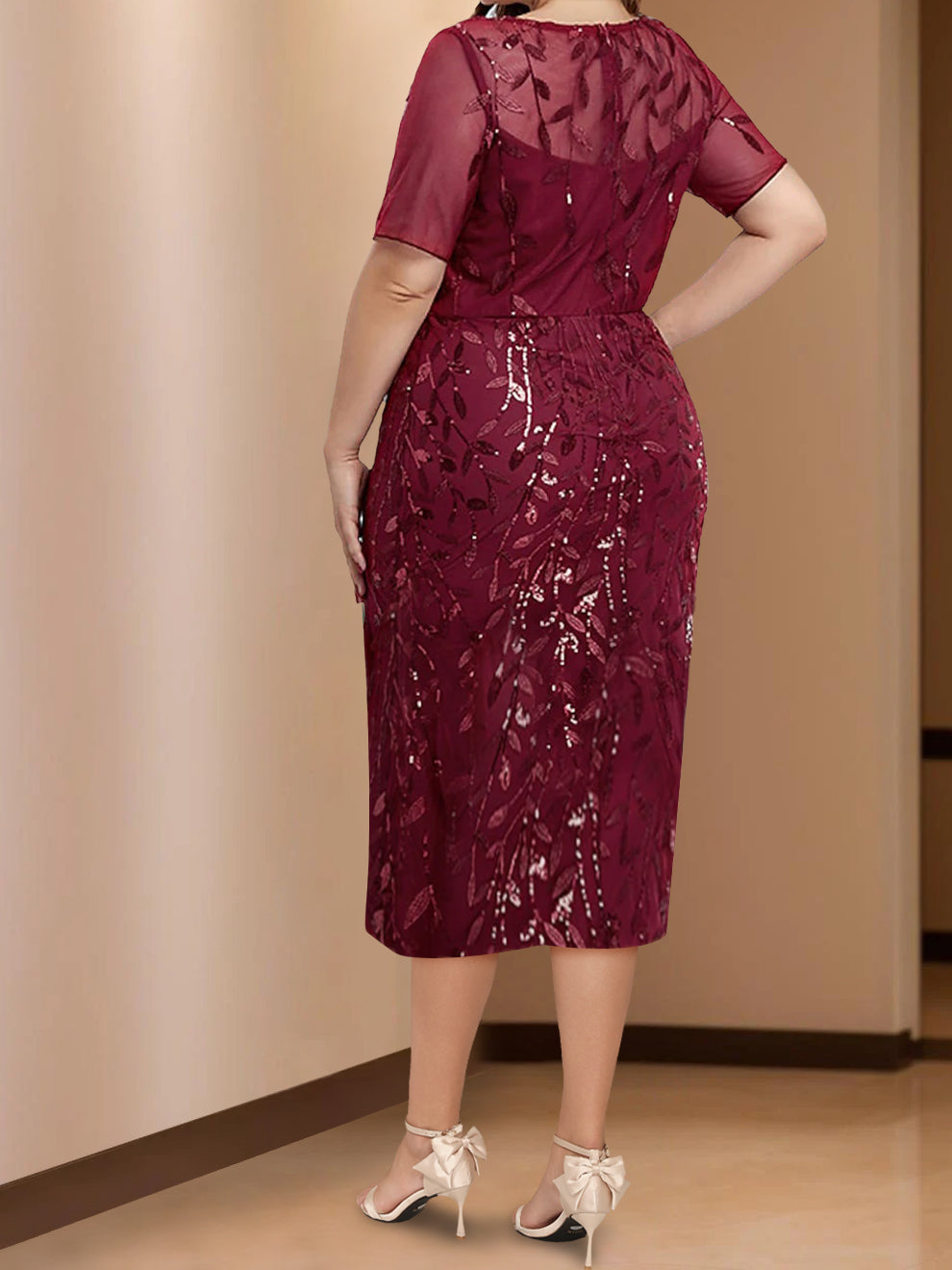 Plus Size Tea Length Mother of the Bride Dress with Scoop Neck and Half Sleeves