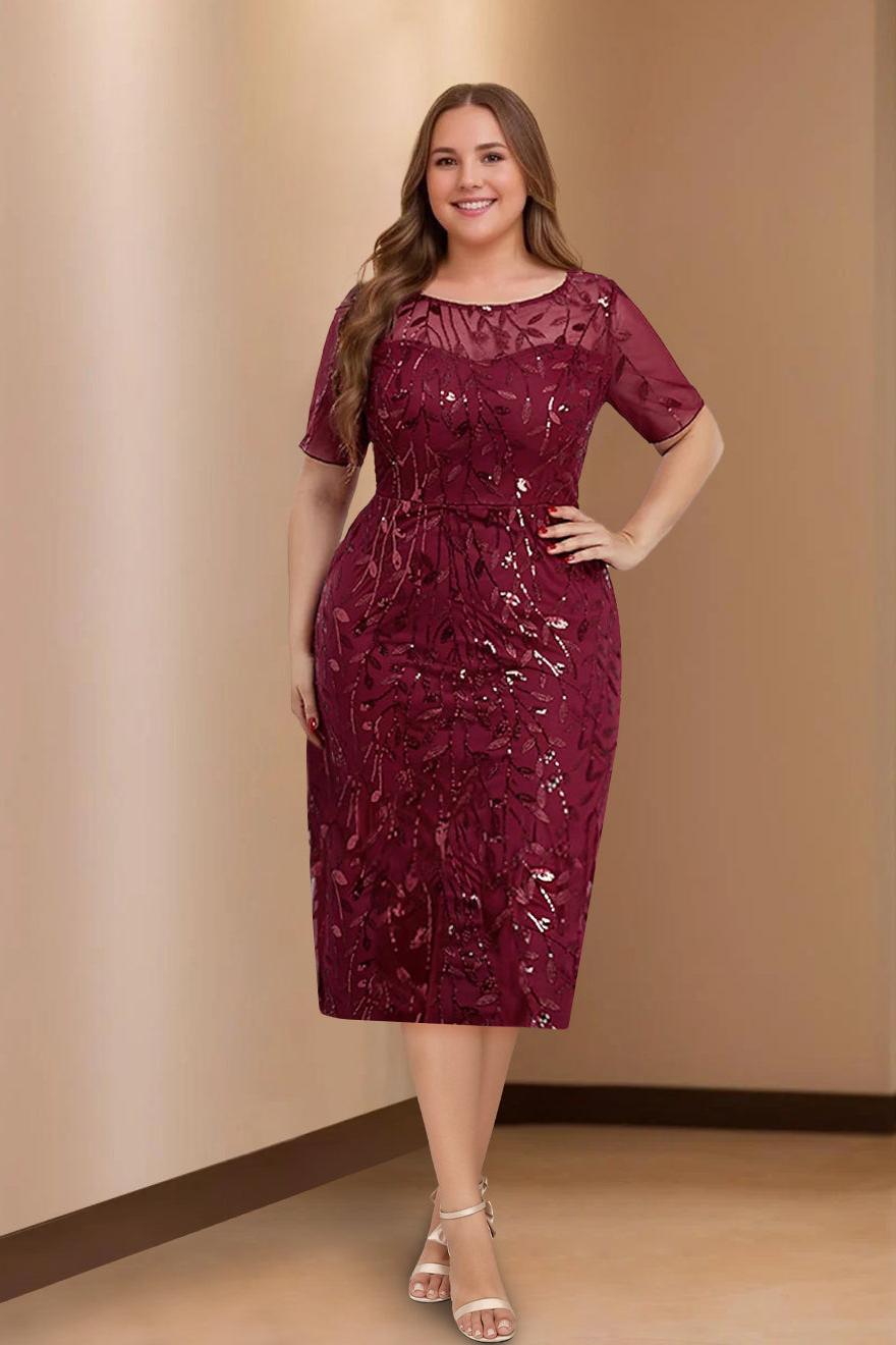 Plus Size Tea Length Mother of the Bride Dress with Scoop Neck and Half Sleeves