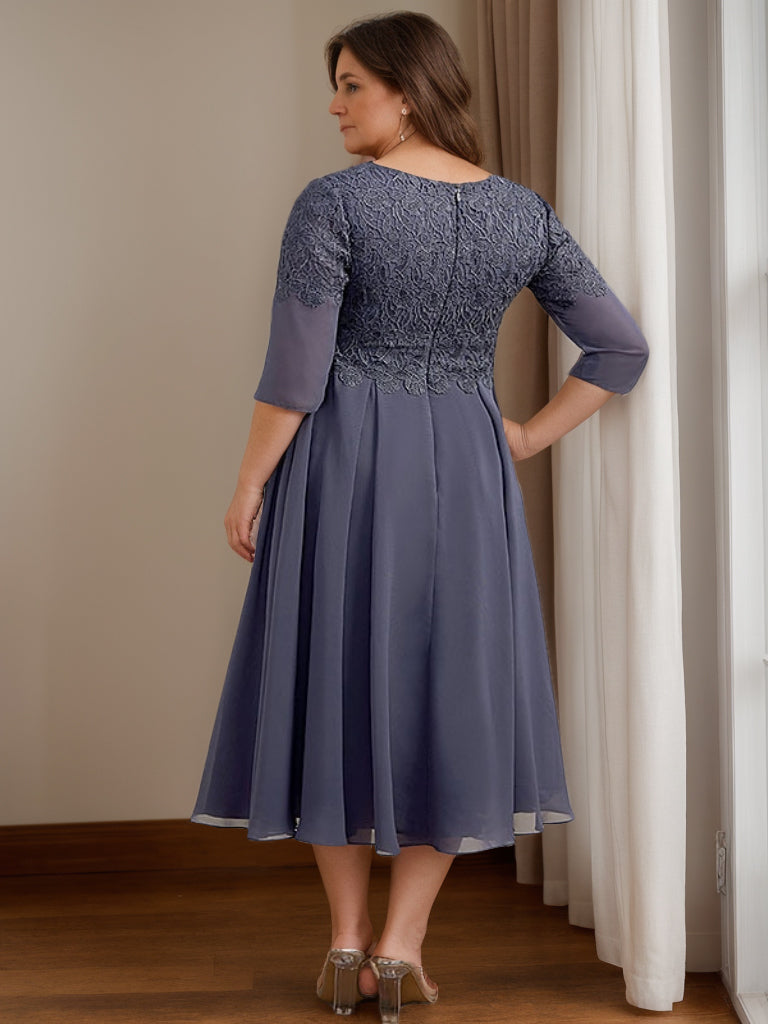 Plus Size Tea Length Mother of the Bride Dress with V Neck and 3/4 Sleeves
