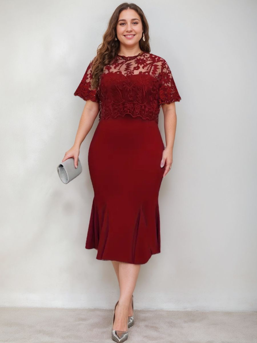 Plus Size Tea Length Mother of the Bride Dress with Appliques Trumpet Mermaid Scoop Half Sleeves