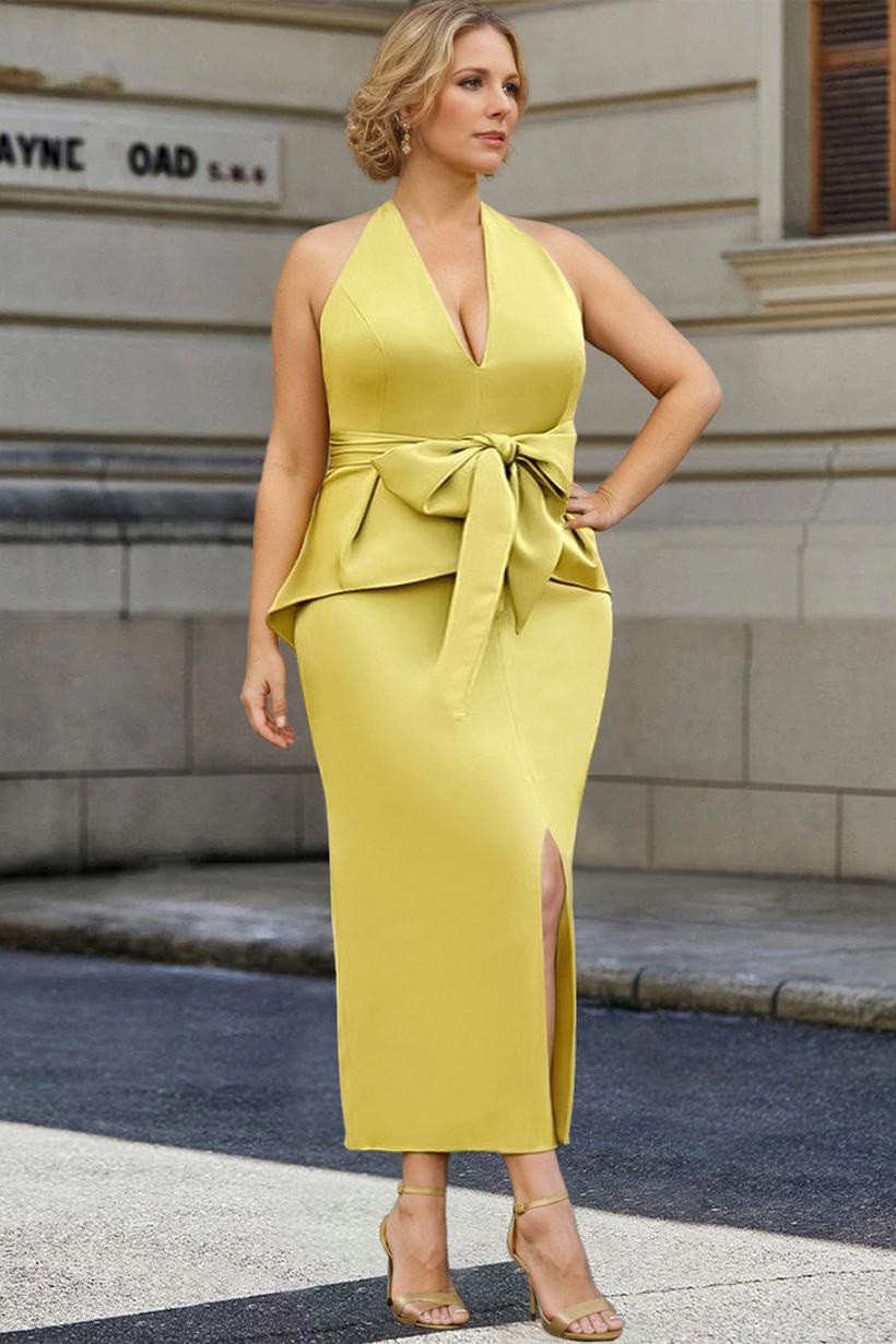Plus Size Tea Length Mother of the Bride Halter Dress with Bowknot