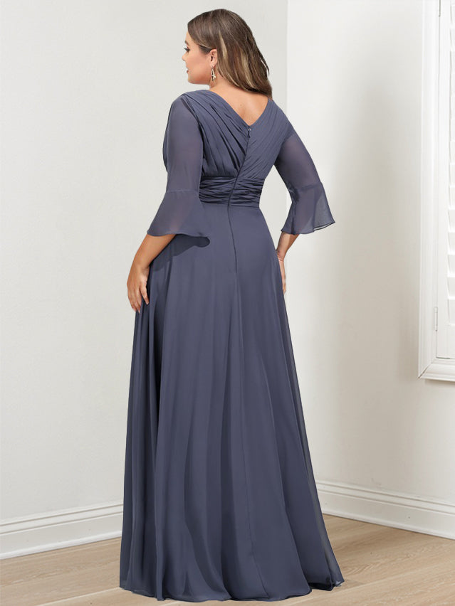 Plus Size V Neck A Line Mother of the Bride Dress with 3/4 Sleeves and Asymmetrical Ruffles