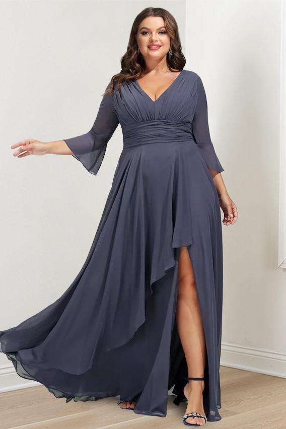 Plus Size V Neck A Line Mother of the Bride Dress with 3/4 Sleeves and Asymmetrical Ruffles