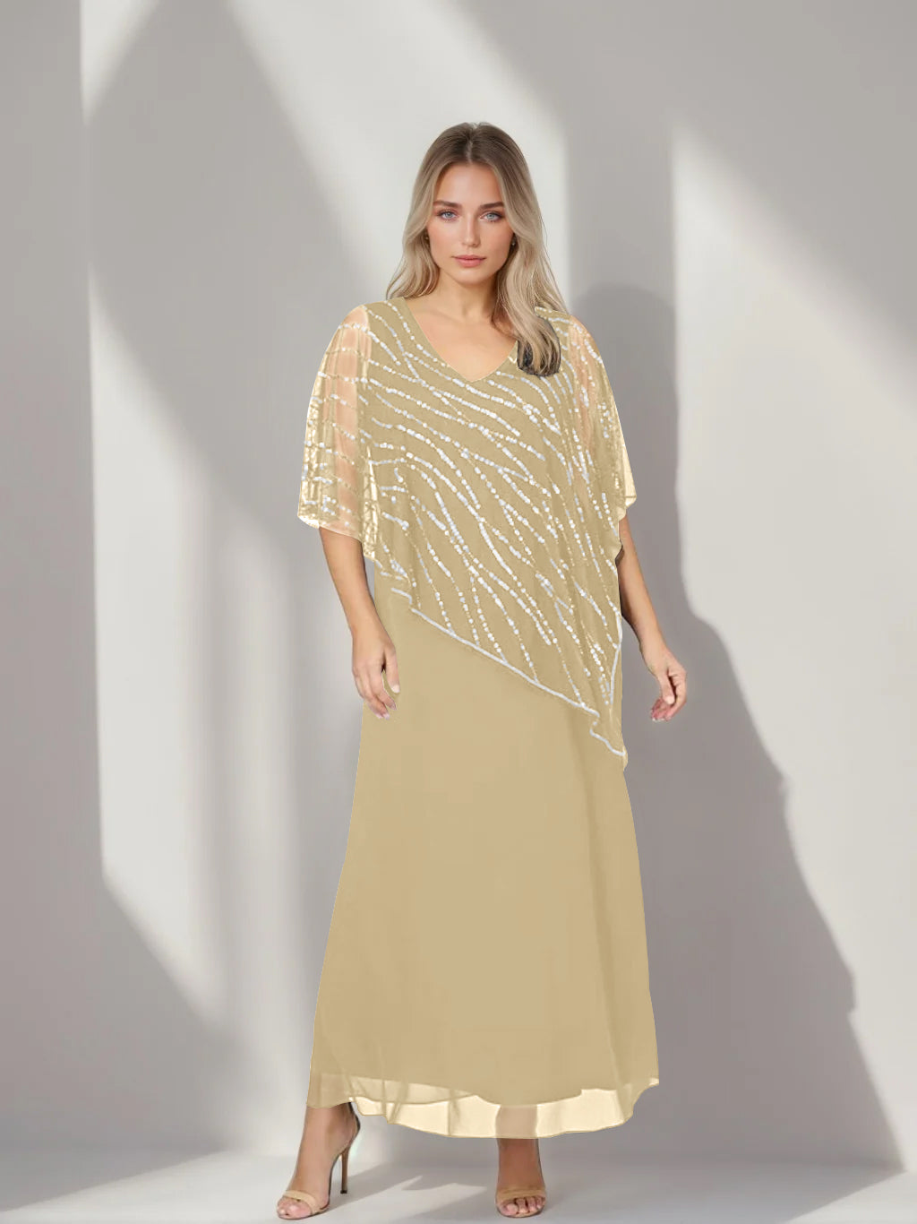 Plus Size V Neck A Line Ankle Length Mother of the Bride Dress with Asymmetrical Cape Popover and Half Sleeves
