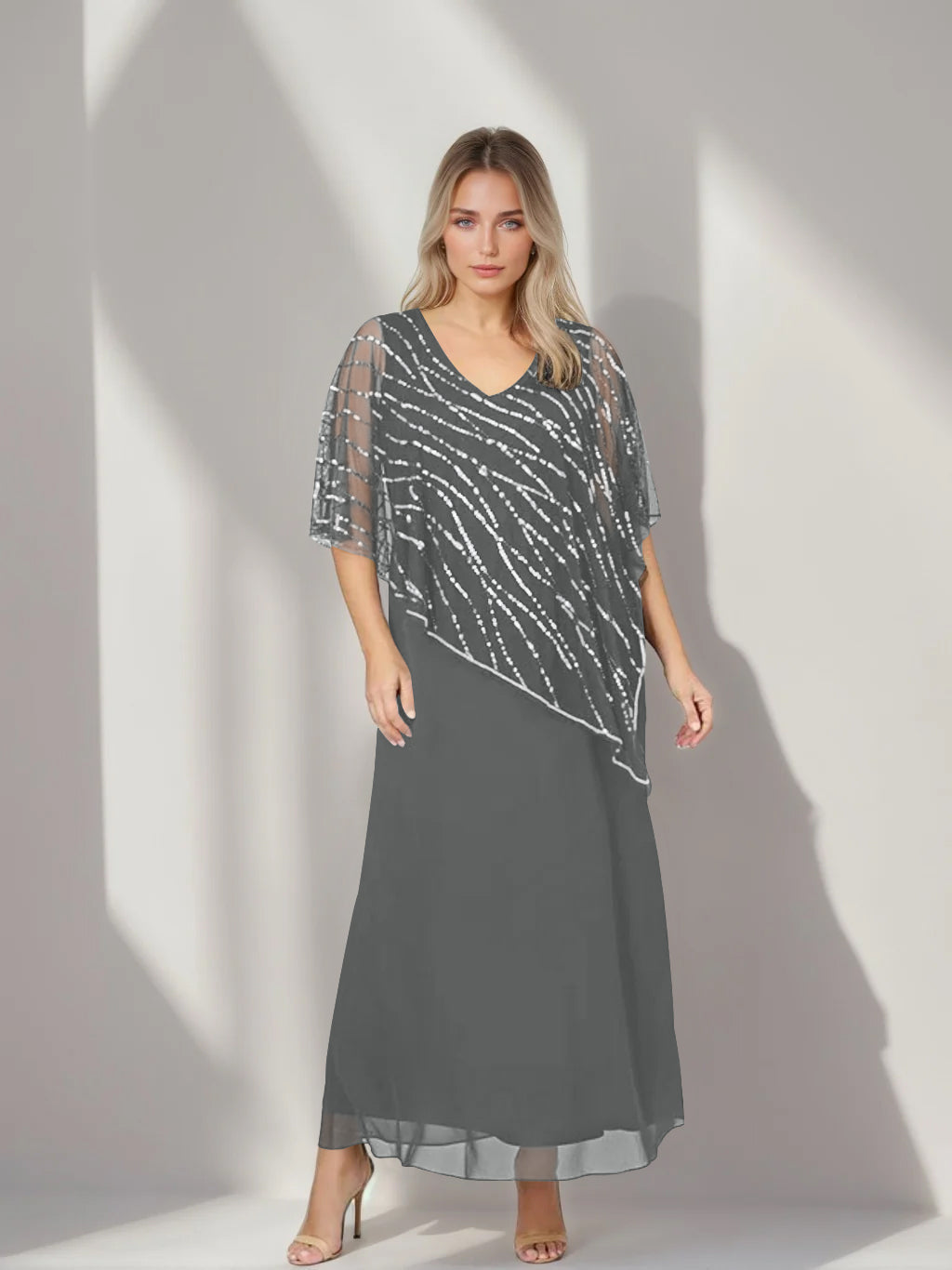 Plus Size V Neck A Line Ankle Length Mother of the Bride Dress with Asymmetrical Cape Popover and Half Sleeves
