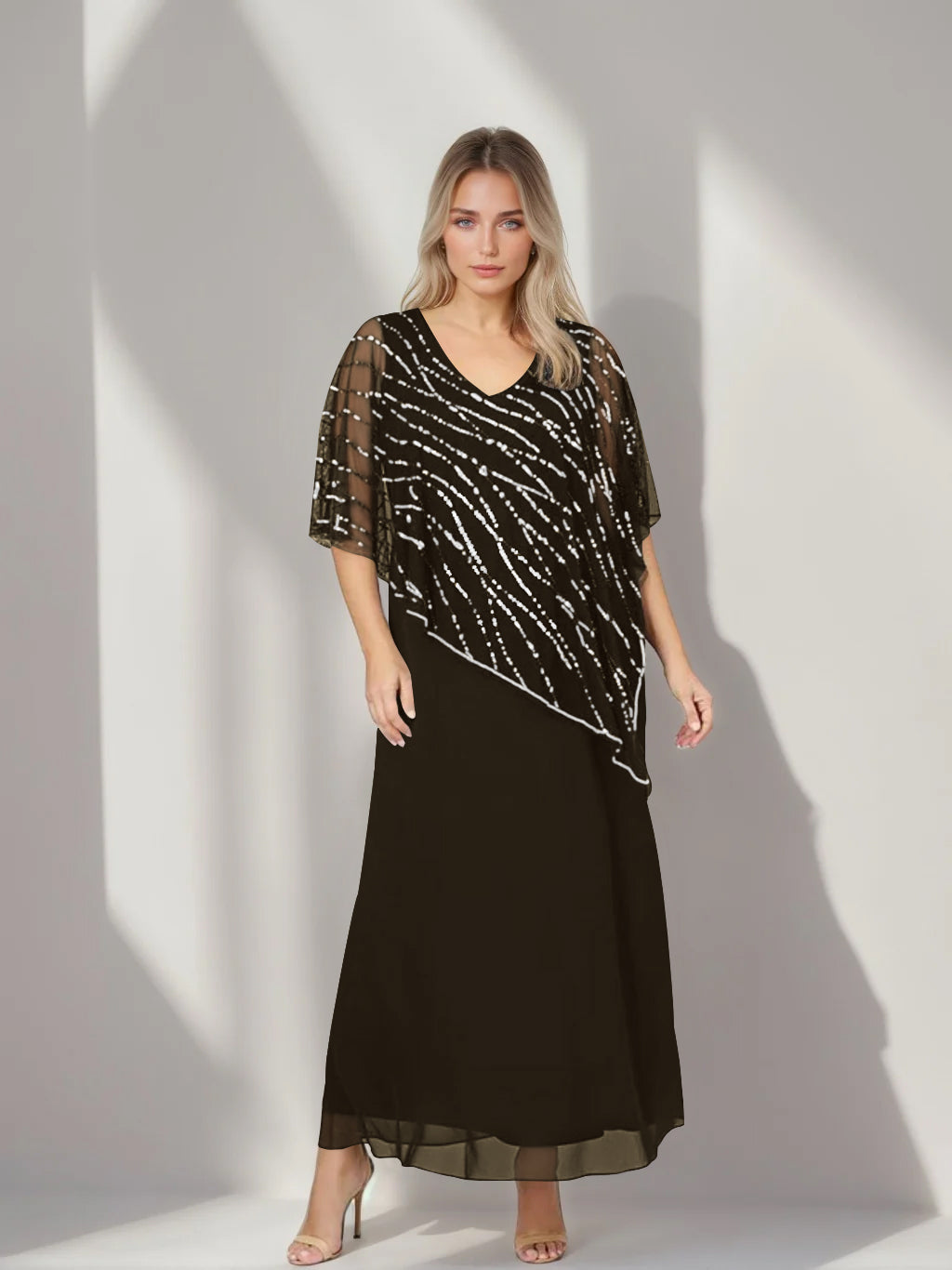 Plus Size V Neck A Line Ankle Length Mother of the Bride Dress with Asymmetrical Cape Popover and Half Sleeves