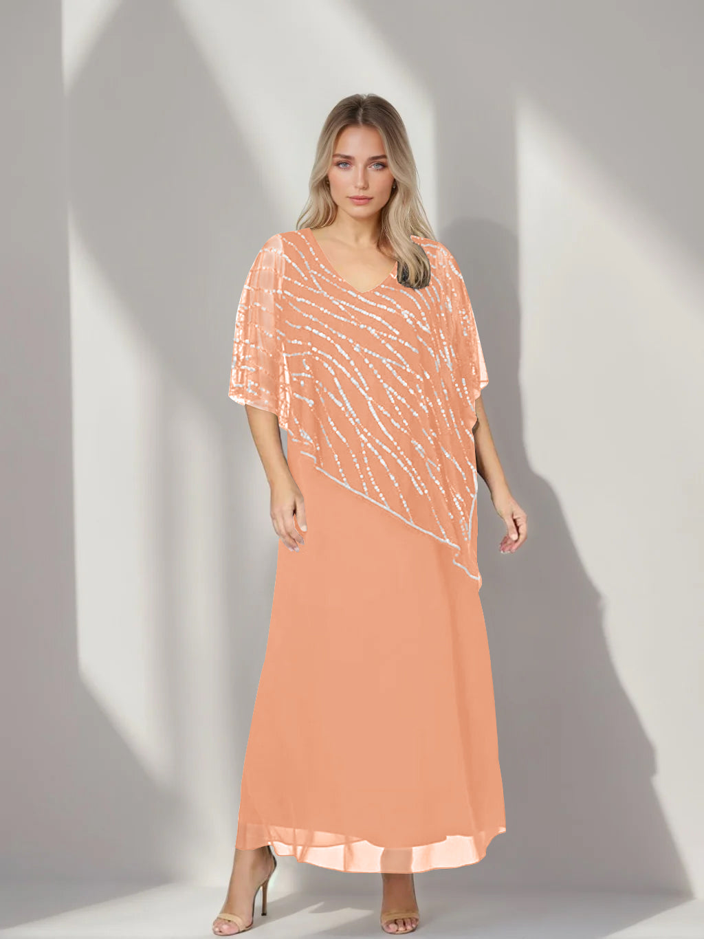 Plus Size V Neck A Line Ankle Length Mother of the Bride Dress with Asymmetrical Cape Popover and Half Sleeves