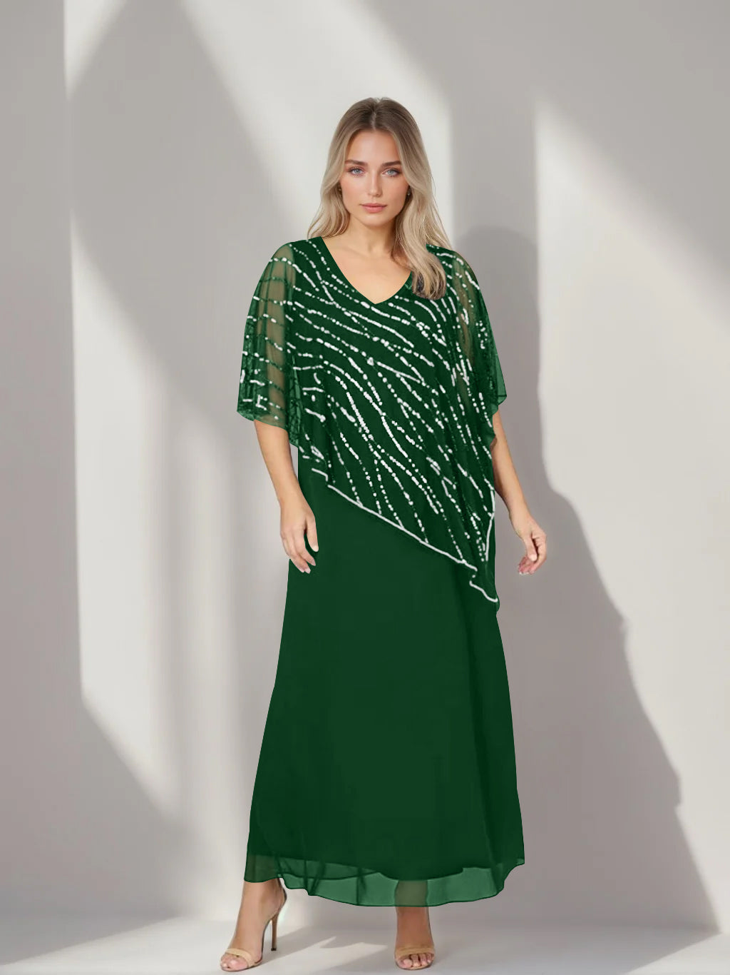 Plus Size V Neck A Line Ankle Length Mother of the Bride Dress with Asymmetrical Cape Popover and Half Sleeves