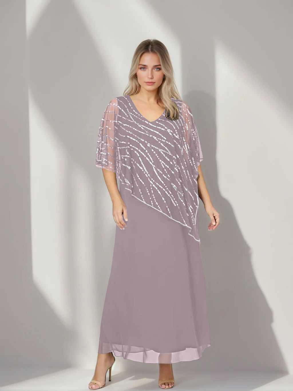 Plus Size V Neck A Line Ankle Length Mother of the Bride Dress with Asymmetrical Cape Popover and Half Sleeves
