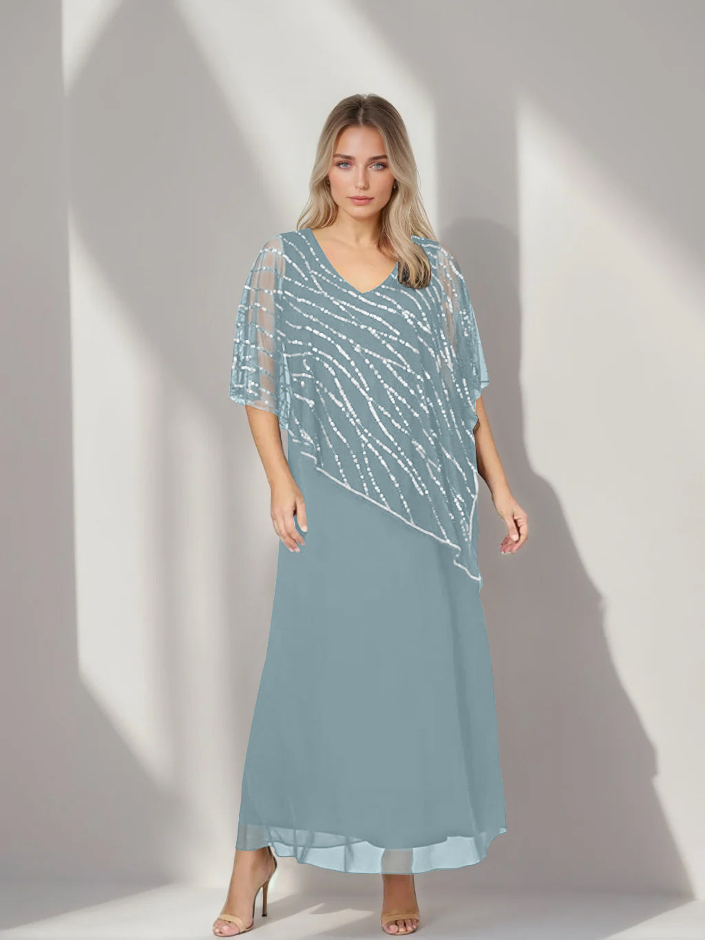 Plus Size V Neck A Line Ankle Length Mother of the Bride Dress with Asymmetrical Cape Popover and Half Sleeves
