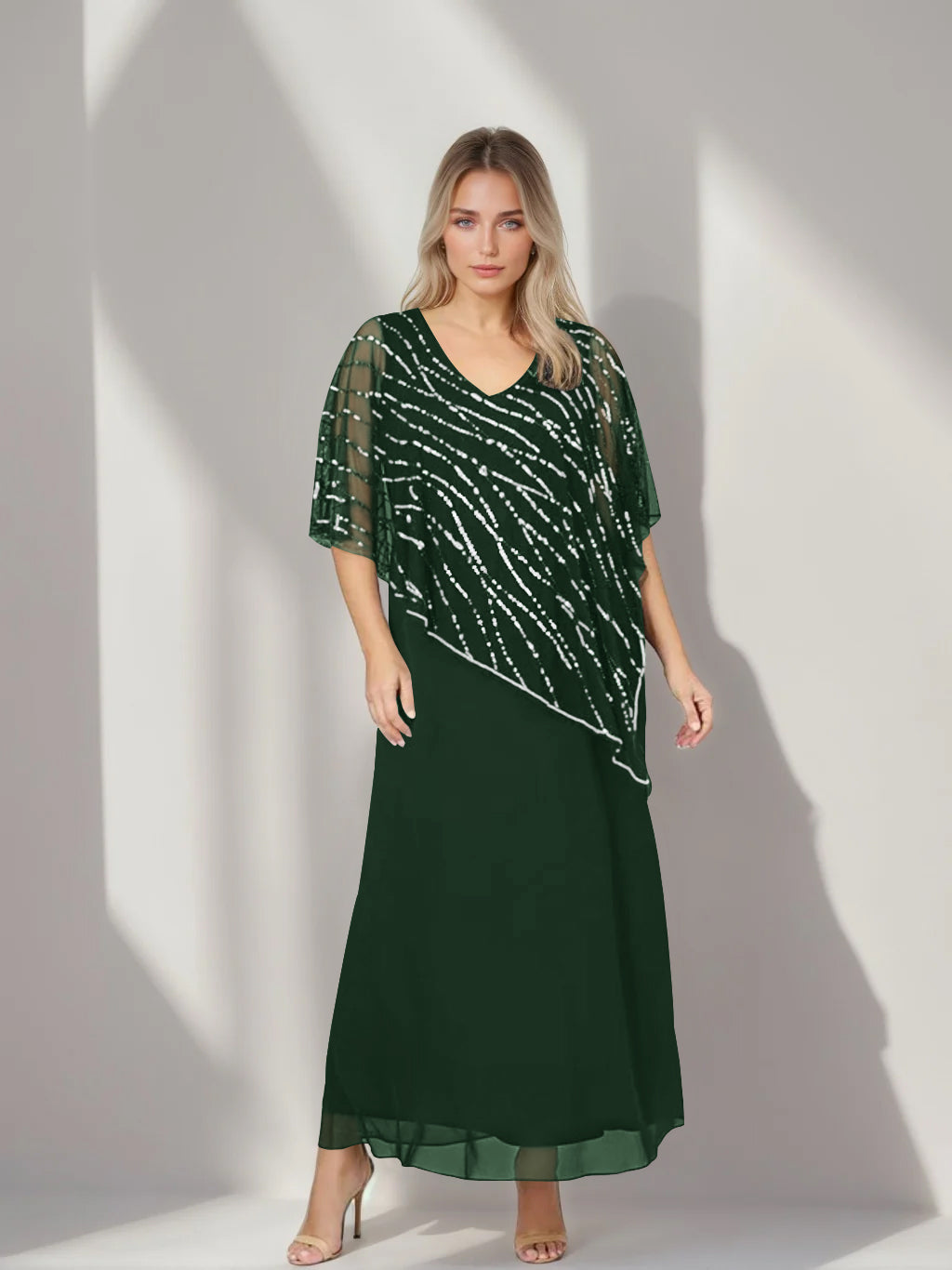 Plus Size V Neck A Line Ankle Length Mother of the Bride Dress with Asymmetrical Cape Popover and Half Sleeves