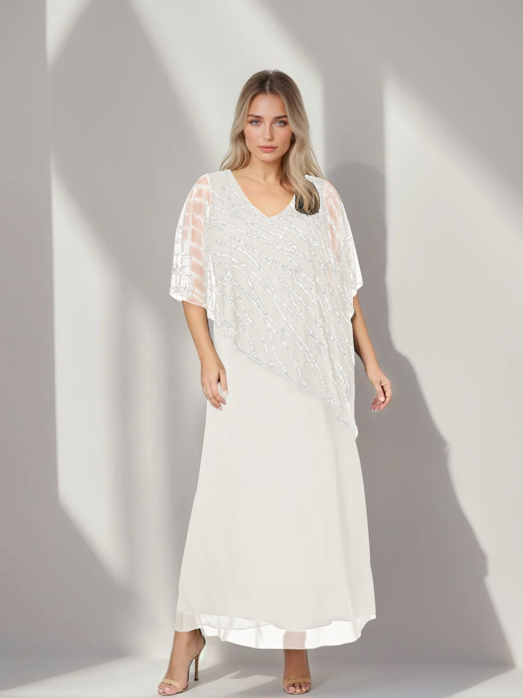 Plus Size V Neck A Line Ankle Length Mother of the Bride Dress with Asymmetrical Cape Popover and Half Sleeves