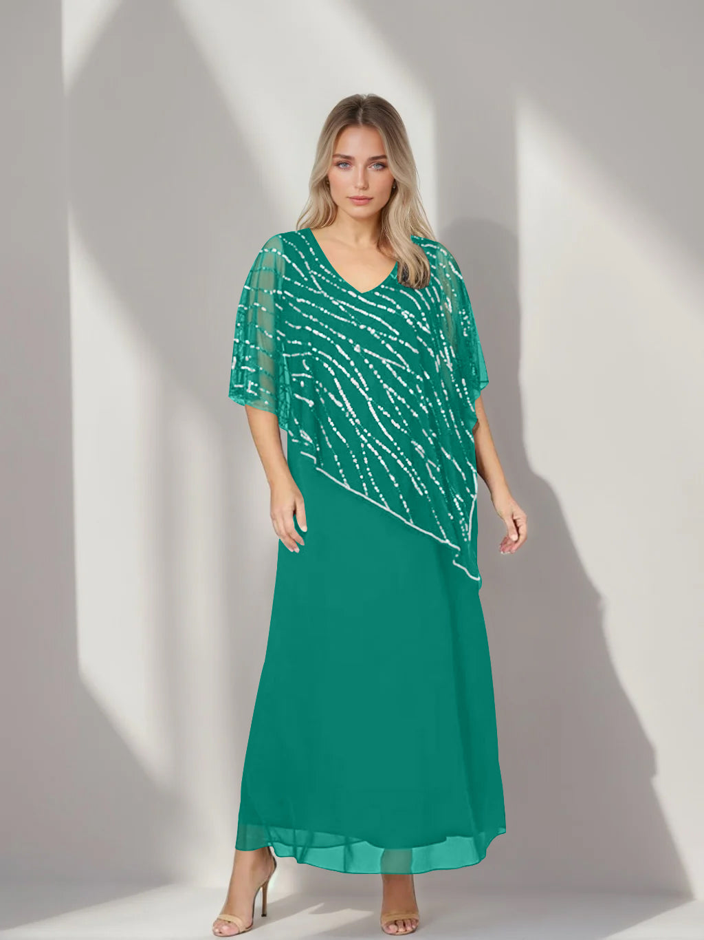 Plus Size V Neck A Line Ankle Length Mother of the Bride Dress with Asymmetrical Cape Popover and Half Sleeves