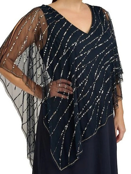 Plus Size V Neck A Line Ankle Length Mother of the Bride Dress with Asymmetrical Cape Popover and Half Sleeves