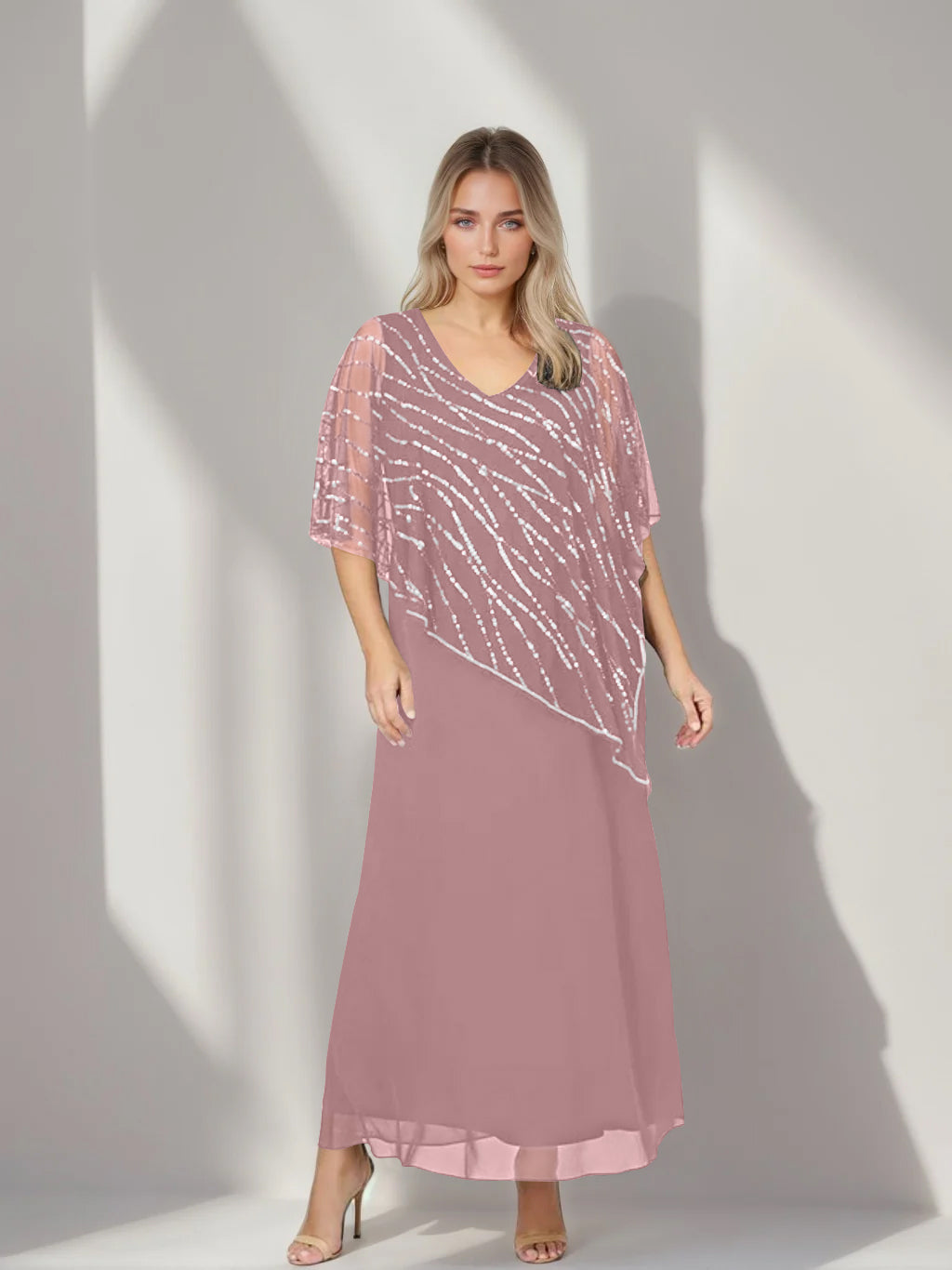 Plus Size V Neck A Line Ankle Length Mother of the Bride Dress with Asymmetrical Cape Popover and Half Sleeves