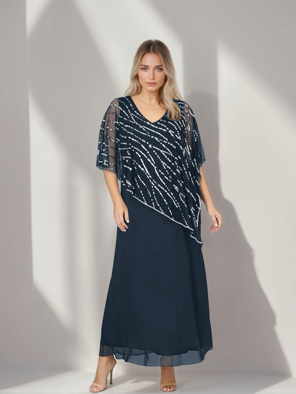Plus Size V Neck A Line Ankle Length Mother of the Bride Dress with Asymmetrical Cape Popover and Half Sleeves