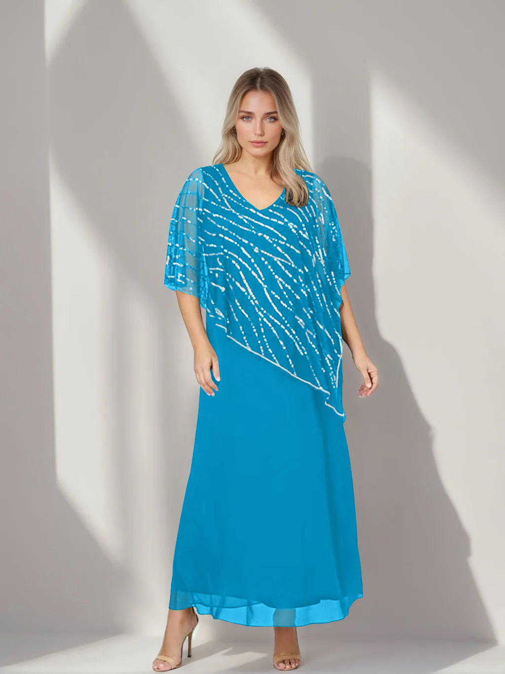 Plus Size V Neck A Line Ankle Length Mother of the Bride Dress with Asymmetrical Cape Popover and Half Sleeves