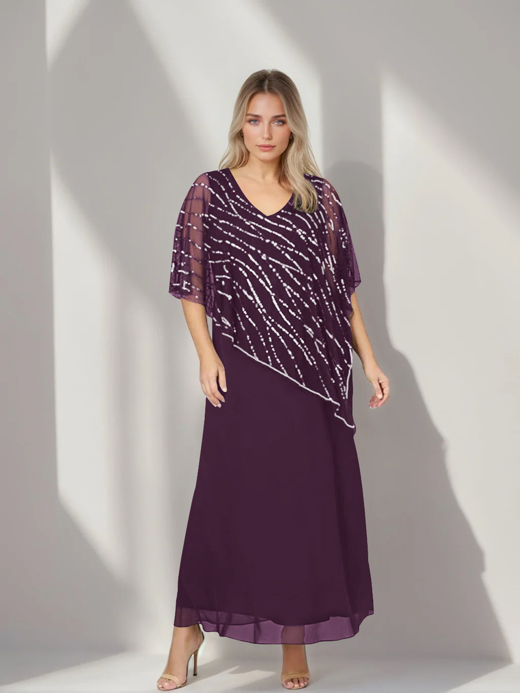 Plus Size V Neck A Line Ankle Length Mother of the Bride Dress with Asymmetrical Cape Popover and Half Sleeves