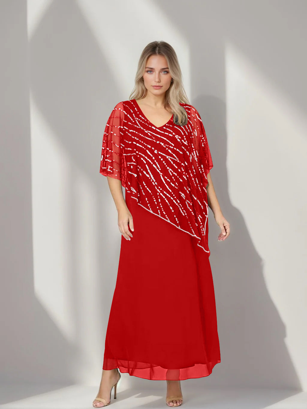 Plus Size V Neck A Line Ankle Length Mother of the Bride Dress with Asymmetrical Cape Popover and Half Sleeves
