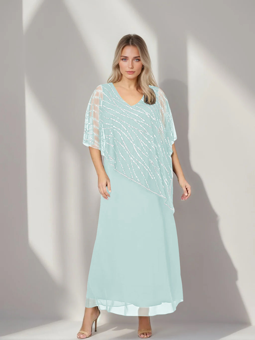 Plus Size V Neck A Line Ankle Length Mother of the Bride Dress with Asymmetrical Cape Popover and Half Sleeves