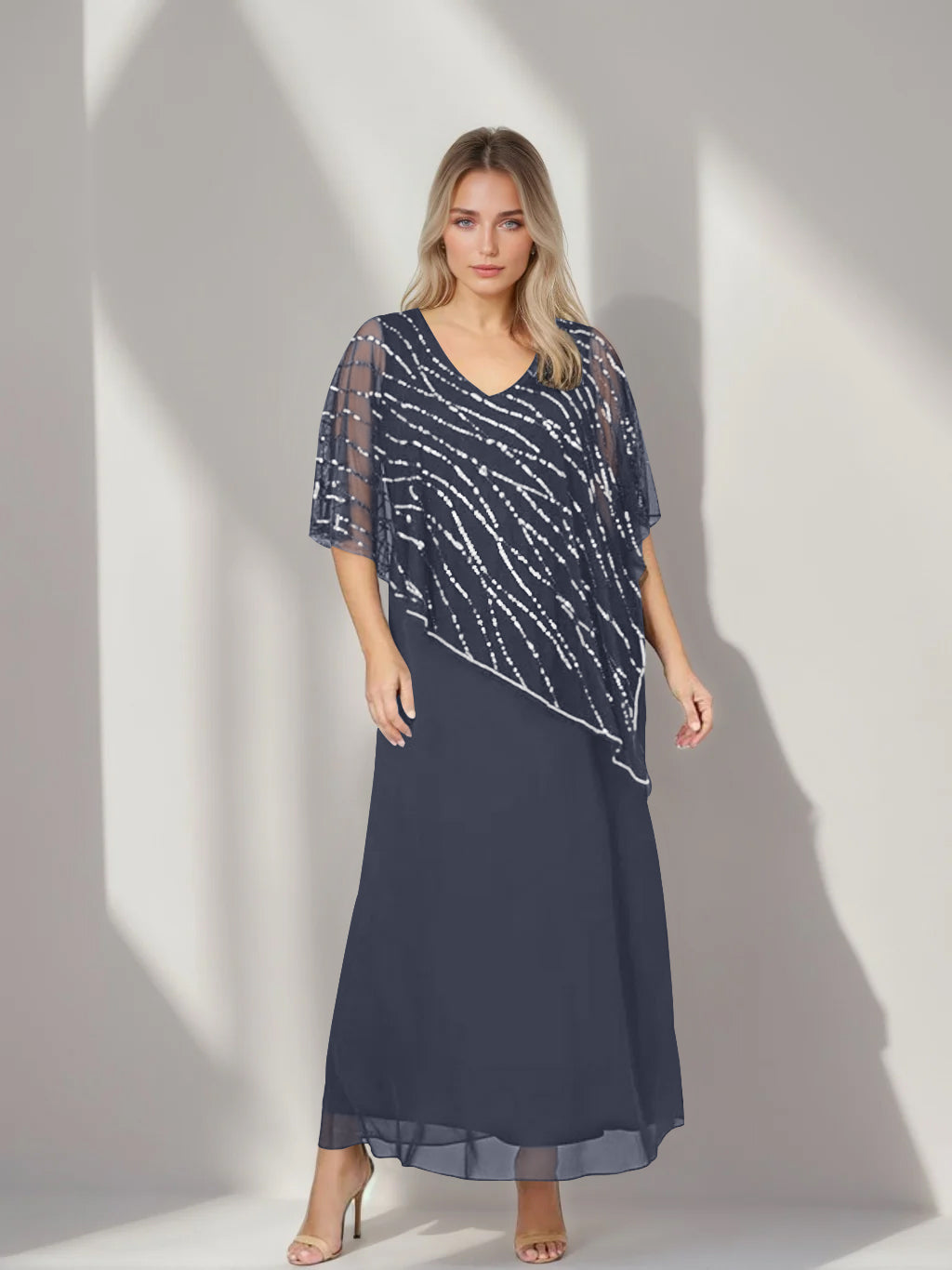 Plus Size V Neck A Line Ankle Length Mother of the Bride Dress with Asymmetrical Cape Popover and Half Sleeves