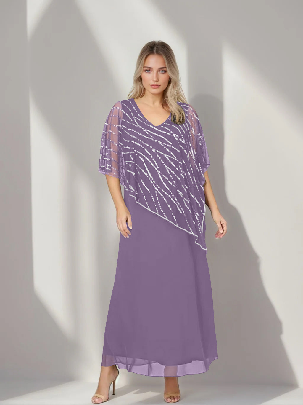 Plus Size V Neck A Line Ankle Length Mother of the Bride Dress with Asymmetrical Cape Popover and Half Sleeves