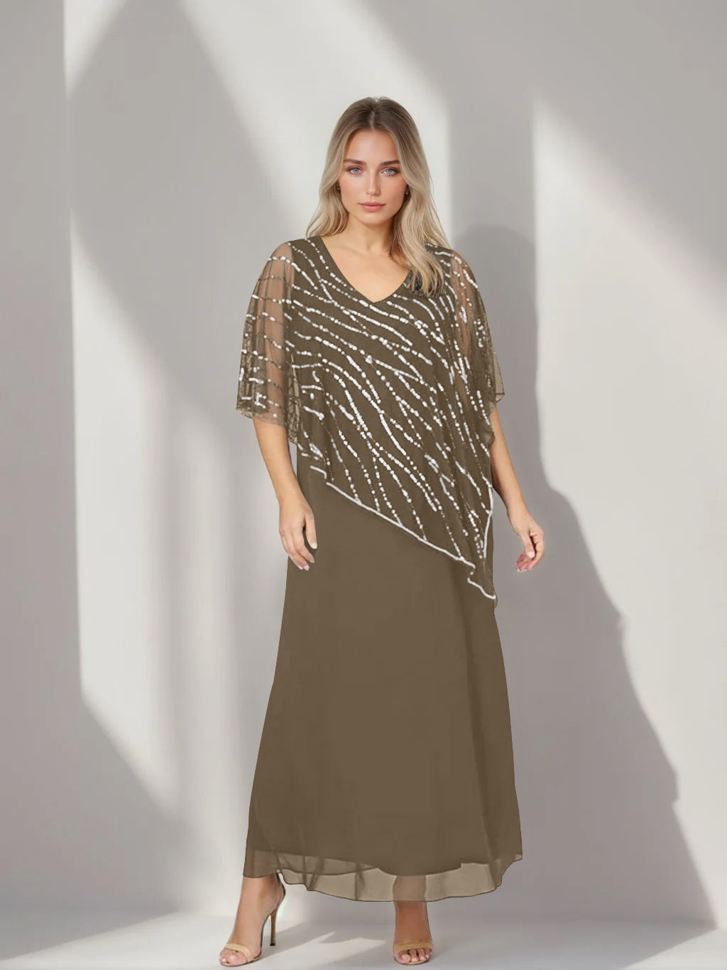 Plus Size V Neck A Line Ankle Length Mother of the Bride Dress with Asymmetrical Cape Popover and Half Sleeves