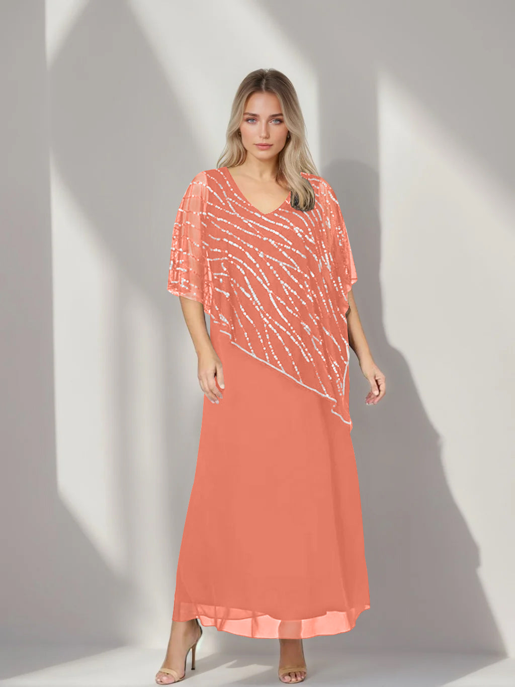 Plus Size V Neck A Line Ankle Length Mother of the Bride Dress with Asymmetrical Cape Popover and Half Sleeves