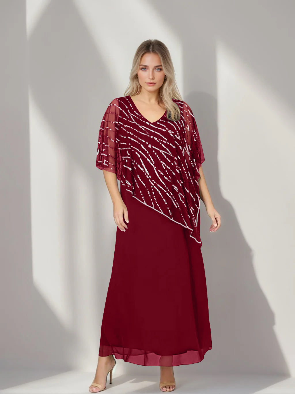 Plus Size V Neck A Line Ankle Length Mother of the Bride Dress with Asymmetrical Cape Popover and Half Sleeves
