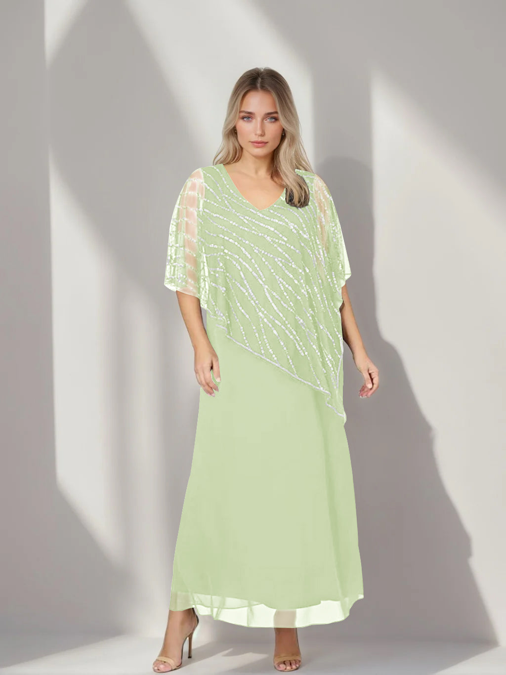 Plus Size V Neck A Line Ankle Length Mother of the Bride Dress with Asymmetrical Cape Popover and Half Sleeves