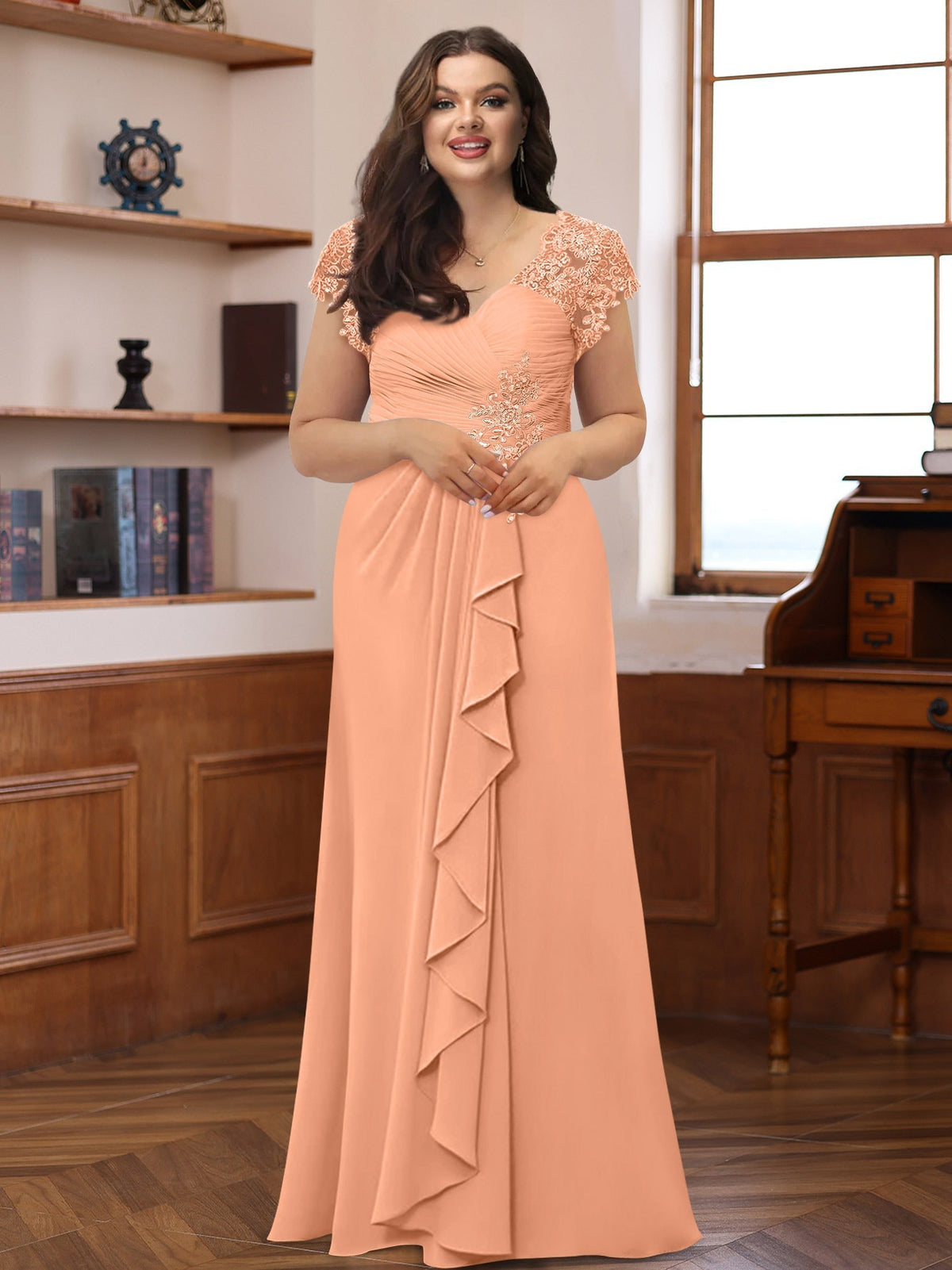 Plus Size V Neck A Line Dress with Short Sleeves Ruffles and Appliques for Mothers of the Bride & Groom